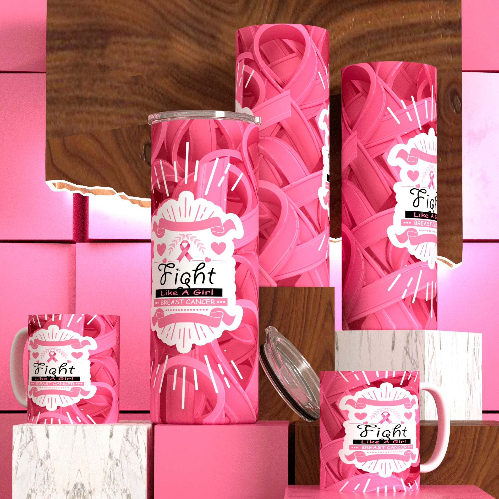 Breast Cancer (Never Give Up) Tumbler and Mug