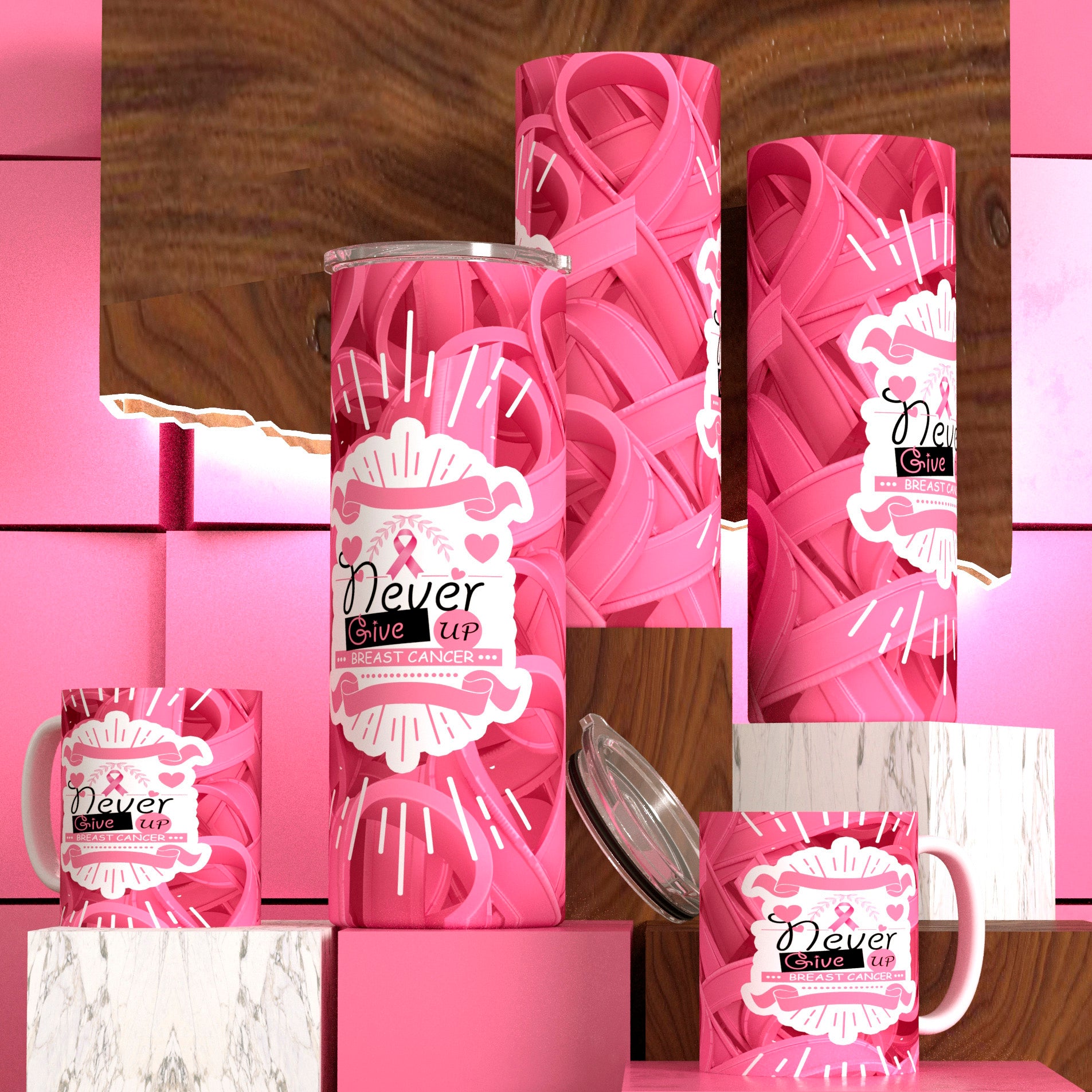 Breast Cancer (Never Give Up) Tumbler and Mug