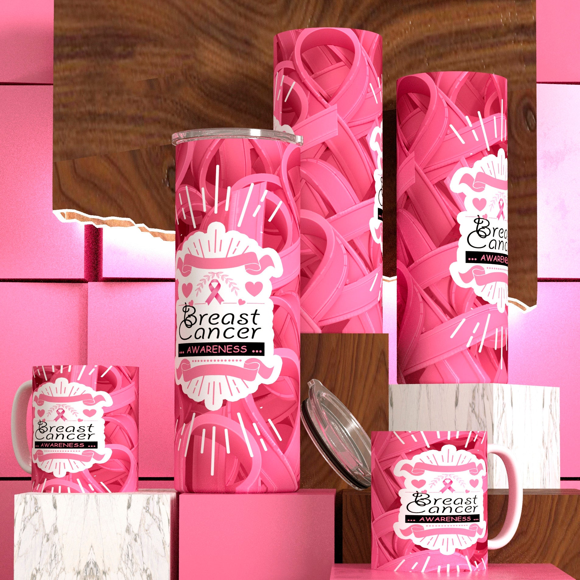 Breast Cancer (Never Give Up) Tumbler and Mug