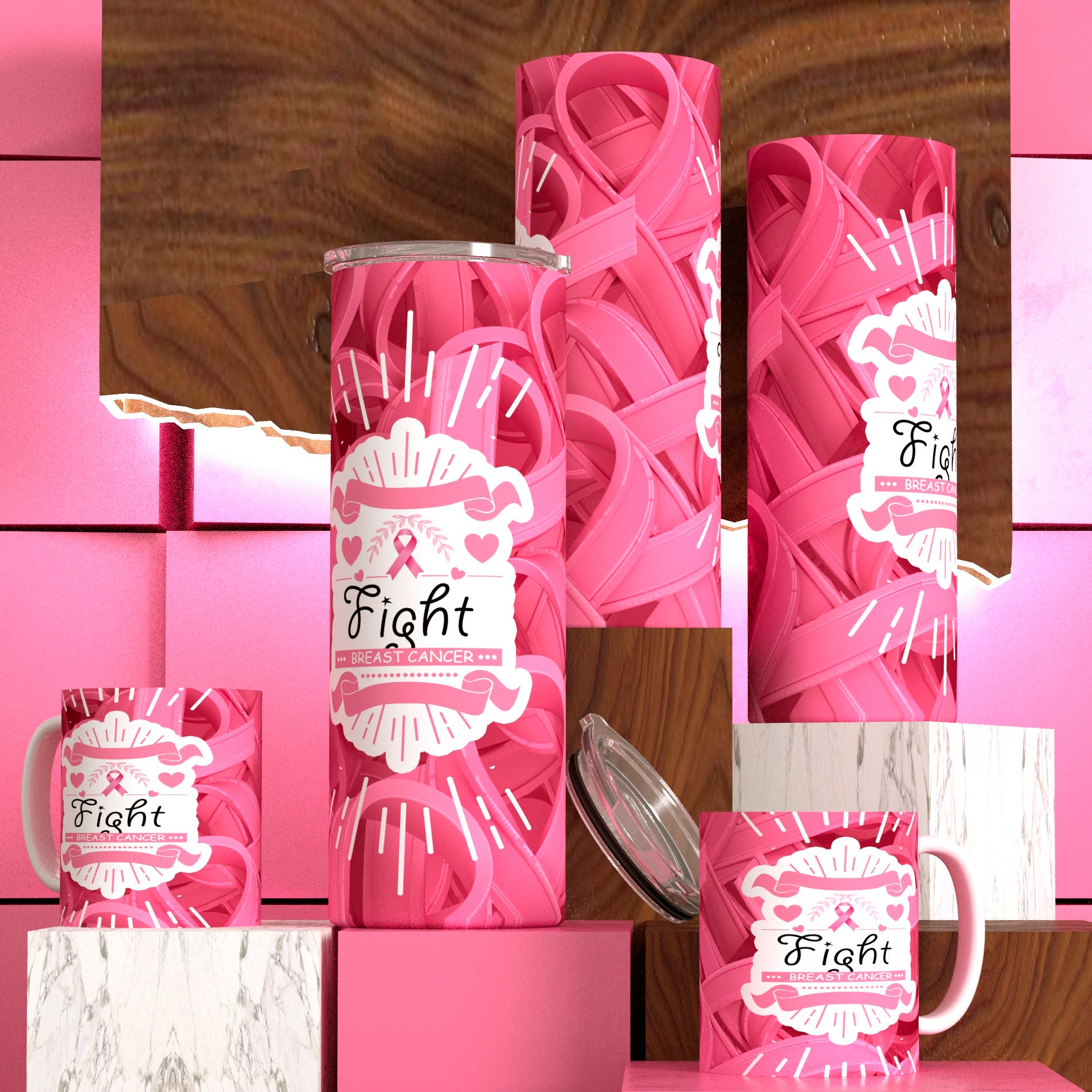 Breast Cancer (Never Give Up) Tumbler and Mug